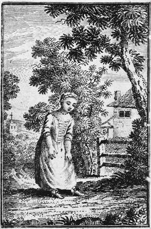 A woodcut of the eponymous Goody Two-Shoes