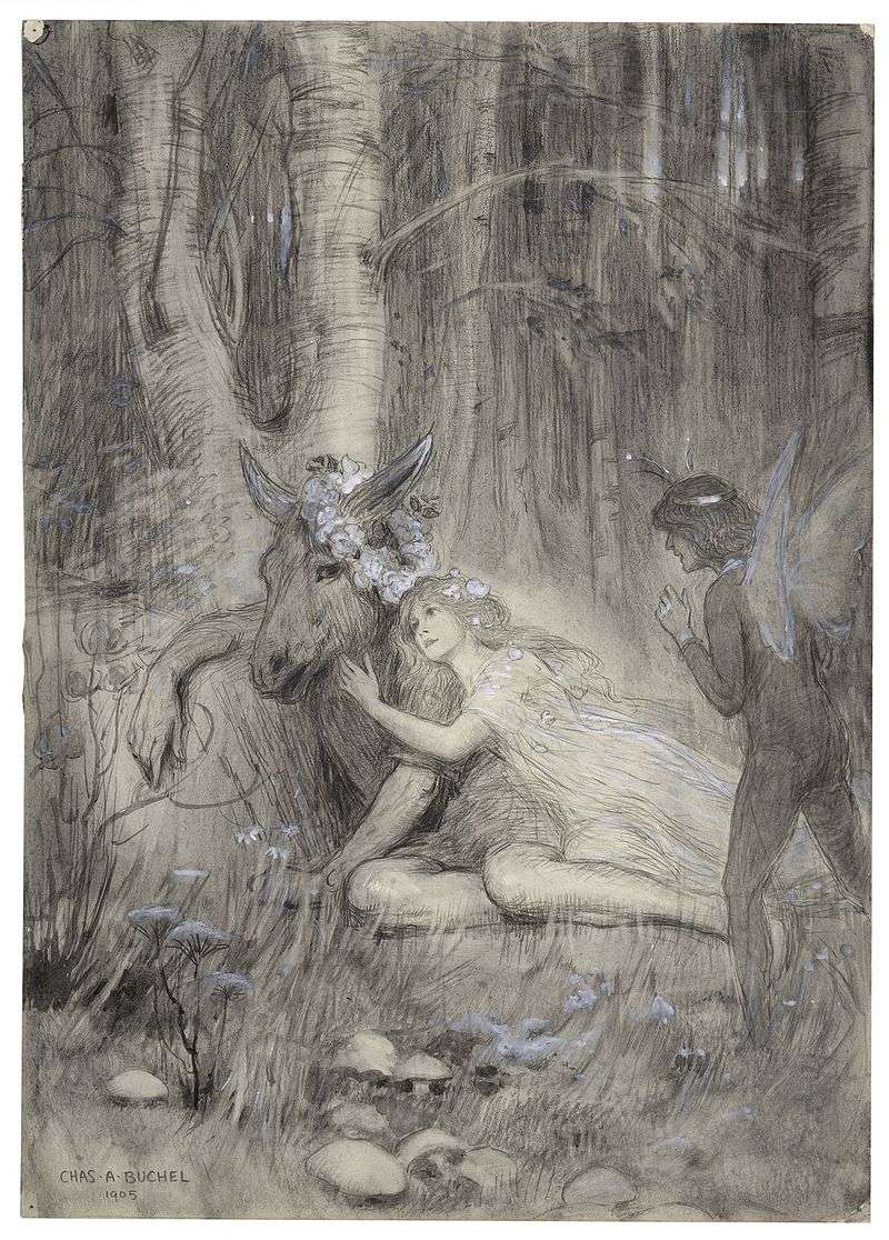 A drawing of Puck, Titania and Bottom in A Midsummer Night's Dream from Act III
