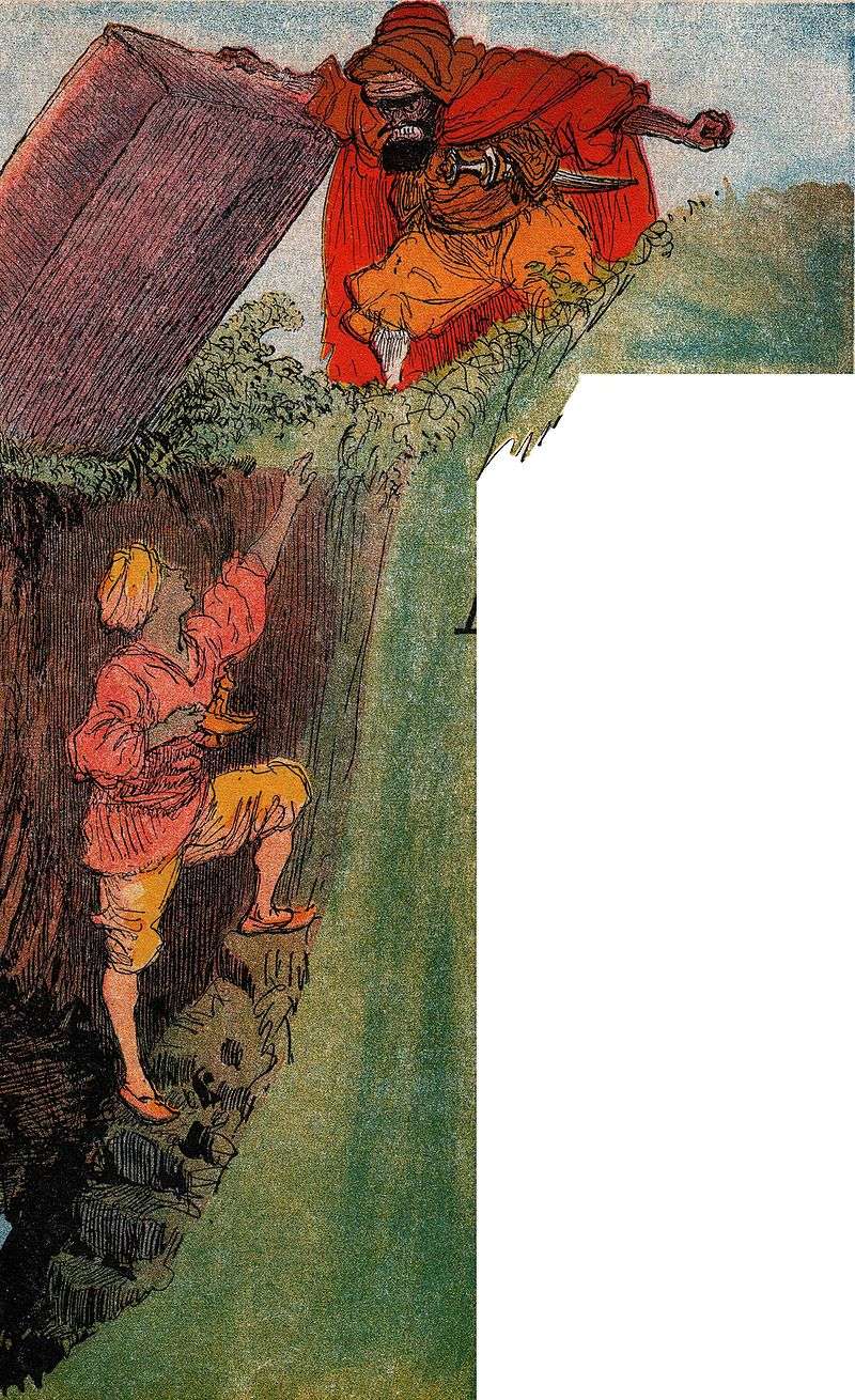 The Sorcerer traps Aladdin in the magic cave