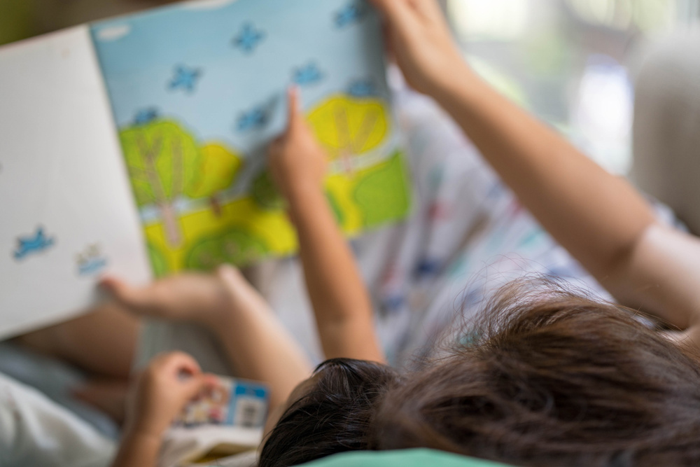 High Angle View Of Mother And Daughter Holding Drawing Book At Home