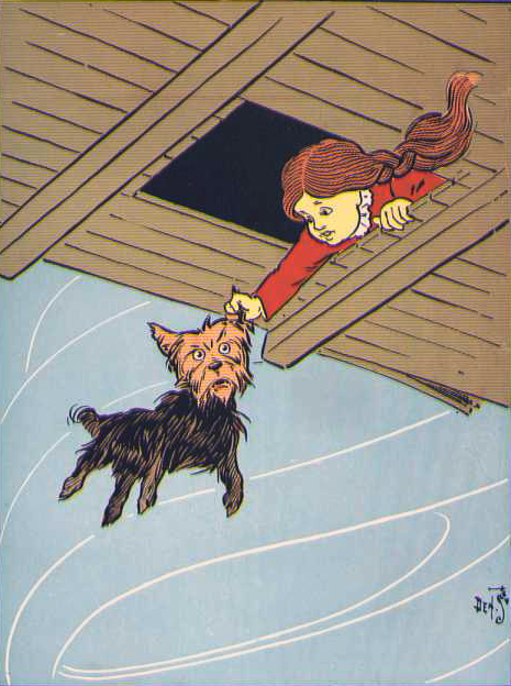 Dorothy catches Toto by the ear as their house is caught up in a cyclone